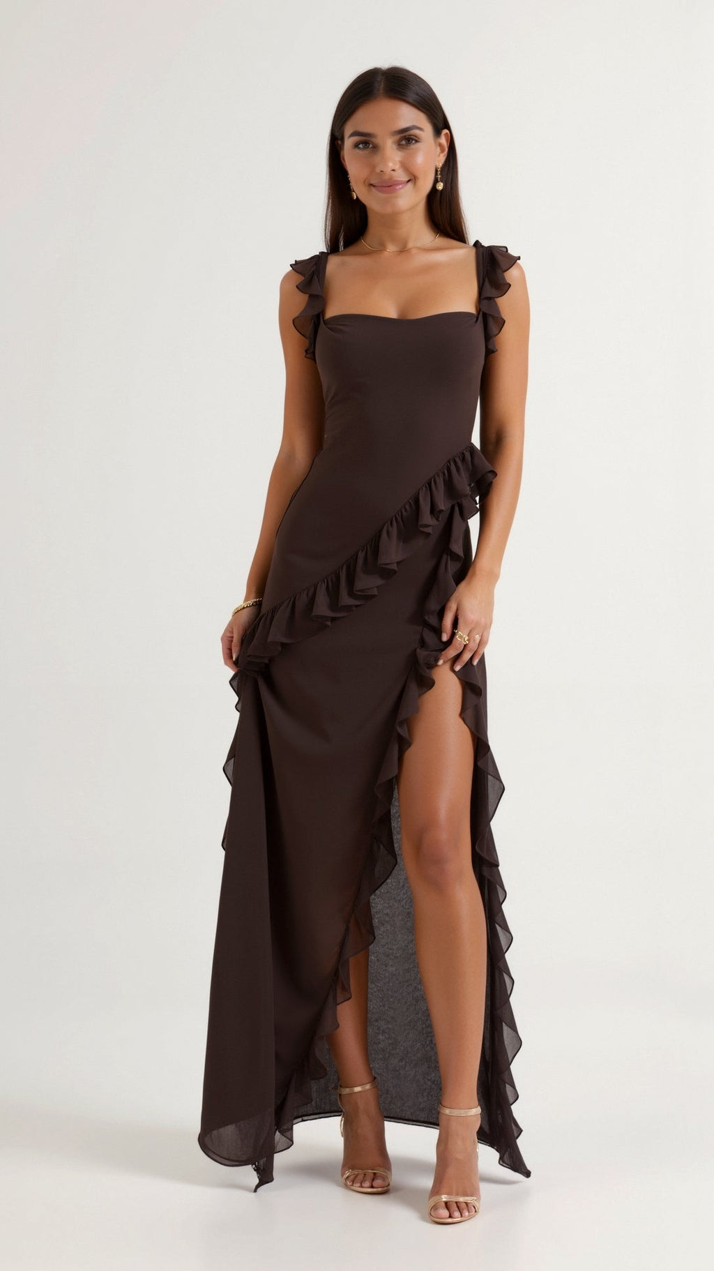 Alicja | Damska Elegancka Sukienka Maxi z Falbanami i Rozcięciem