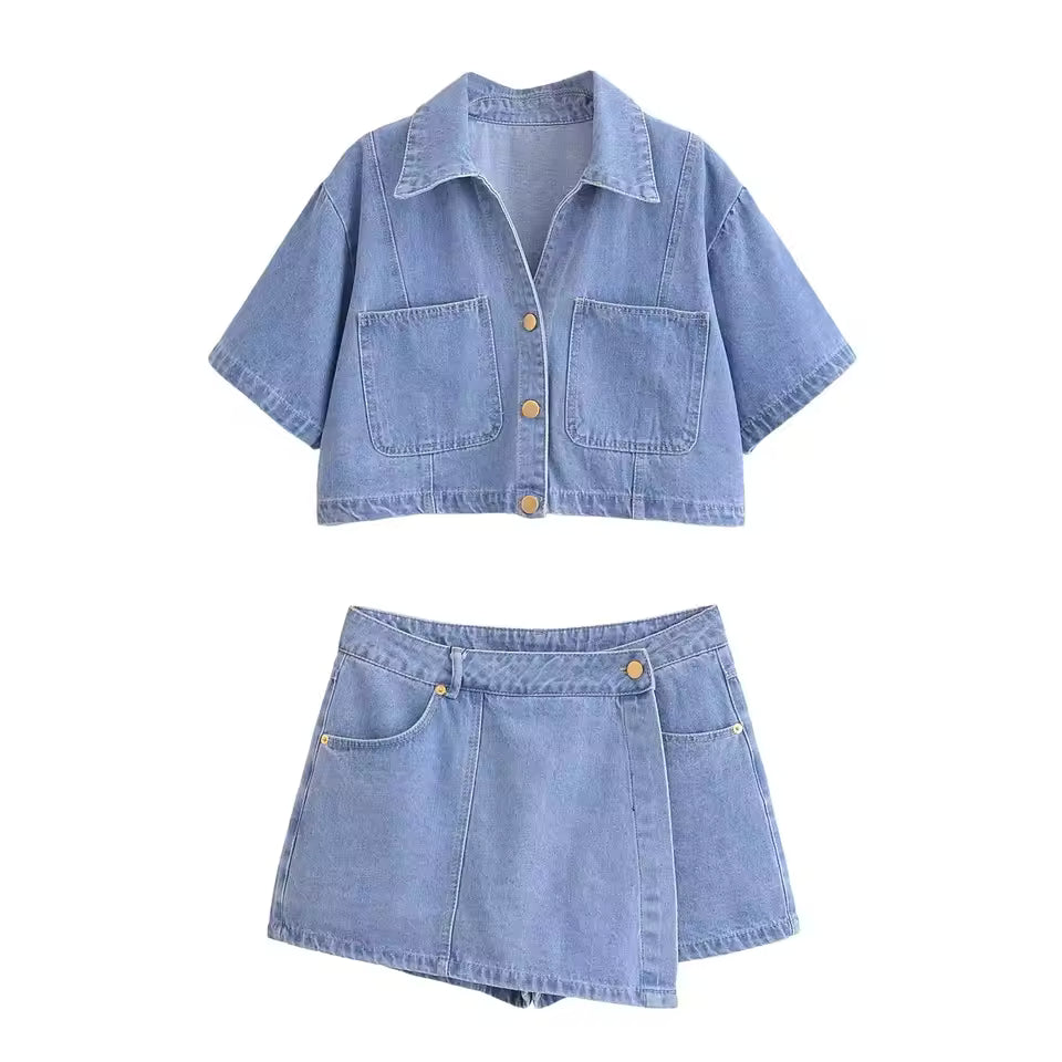 Zelina | Damska Casualowy Komplet Jeansowy Z Crop Topem i Mini Spódnico-Spodenkami