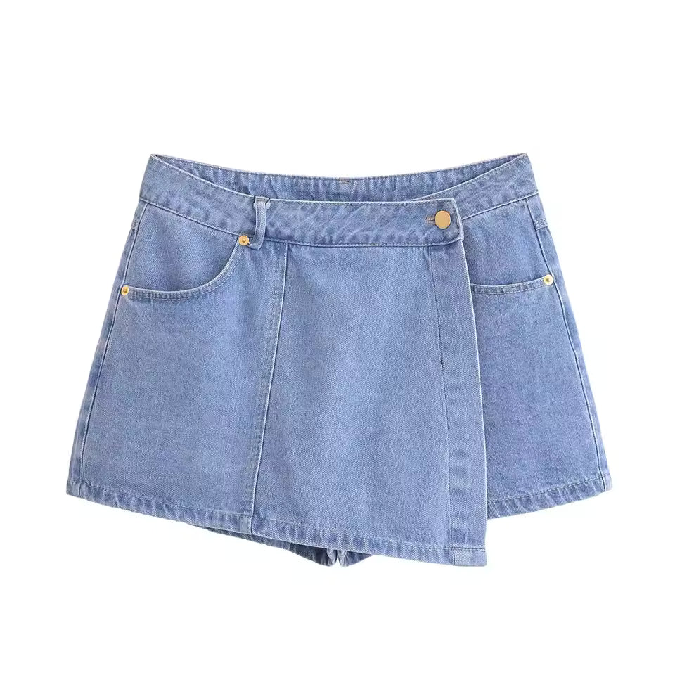 Zelina | Damska Casualowy Komplet Jeansowy Z Crop Topem i Mini Spódnico-Spodenkami
