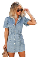 Olivia | Women's Denim Mini Dress with Belt and Puffy Sleeves
