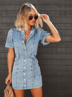 Olivia | Women's Denim Mini Dress with Belt and Puffy Sleeves