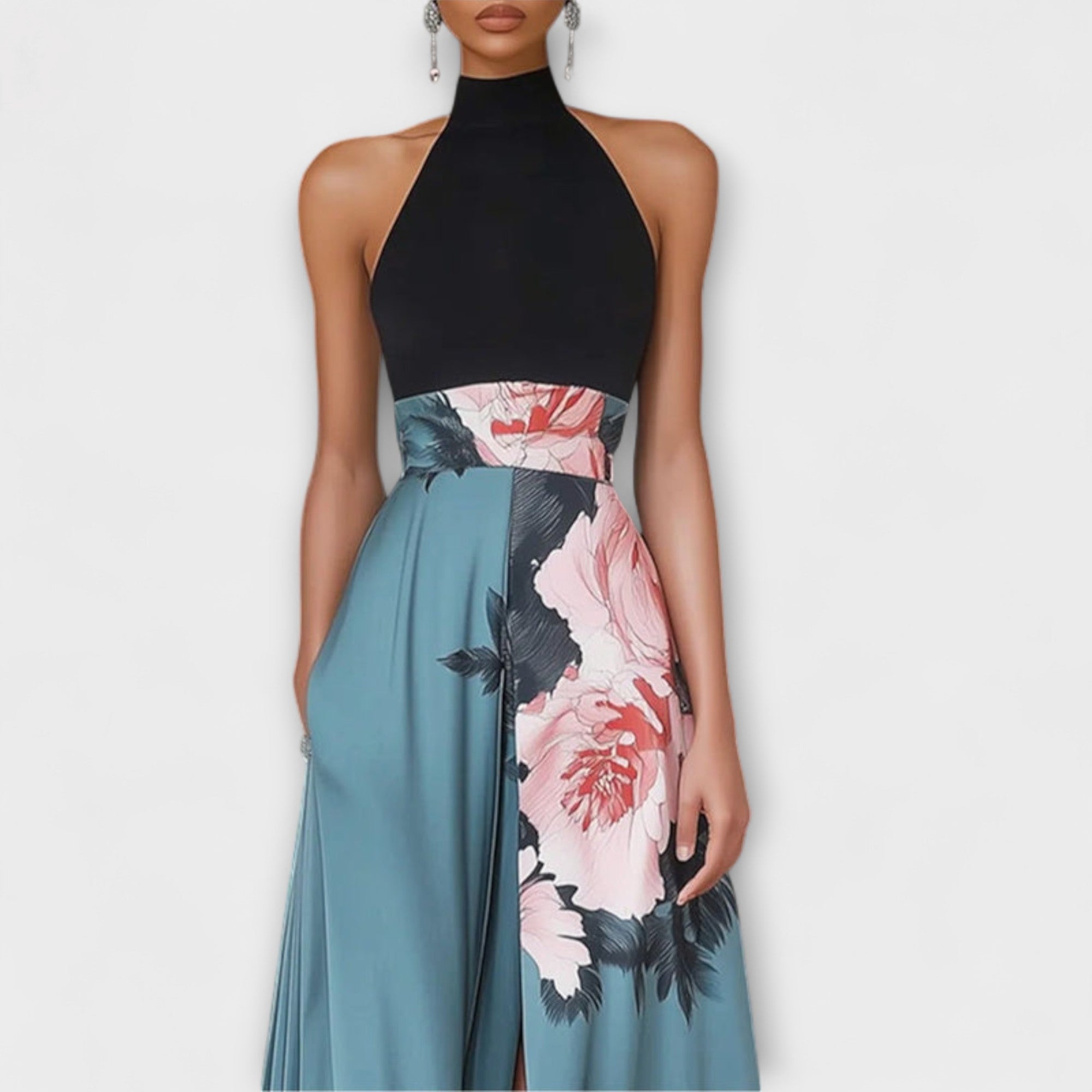 Florenza | Abito Maxi Donna Elegante a Fiori con Scollo Halter a Linea A