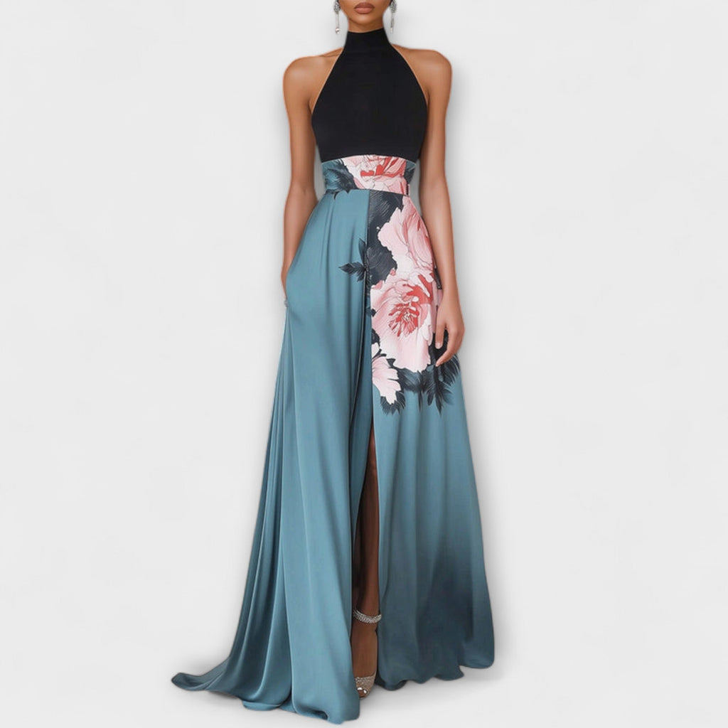 Florenza | Abito Maxi Donna Elegante a Fiori con Scollo Halter a Linea A