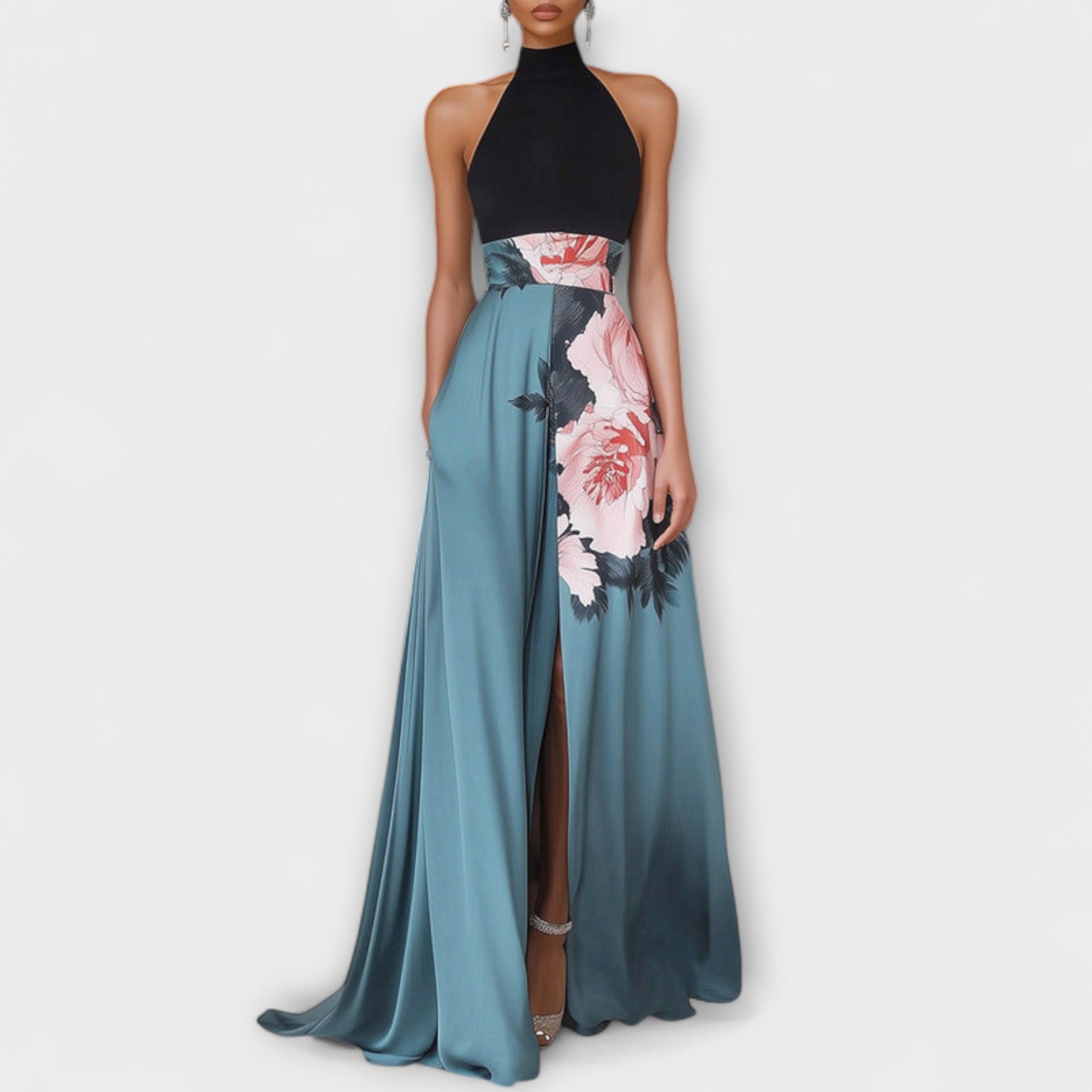 Florenza | Abito Maxi Donna Elegante a Fiori con Scollo Halter a Linea A