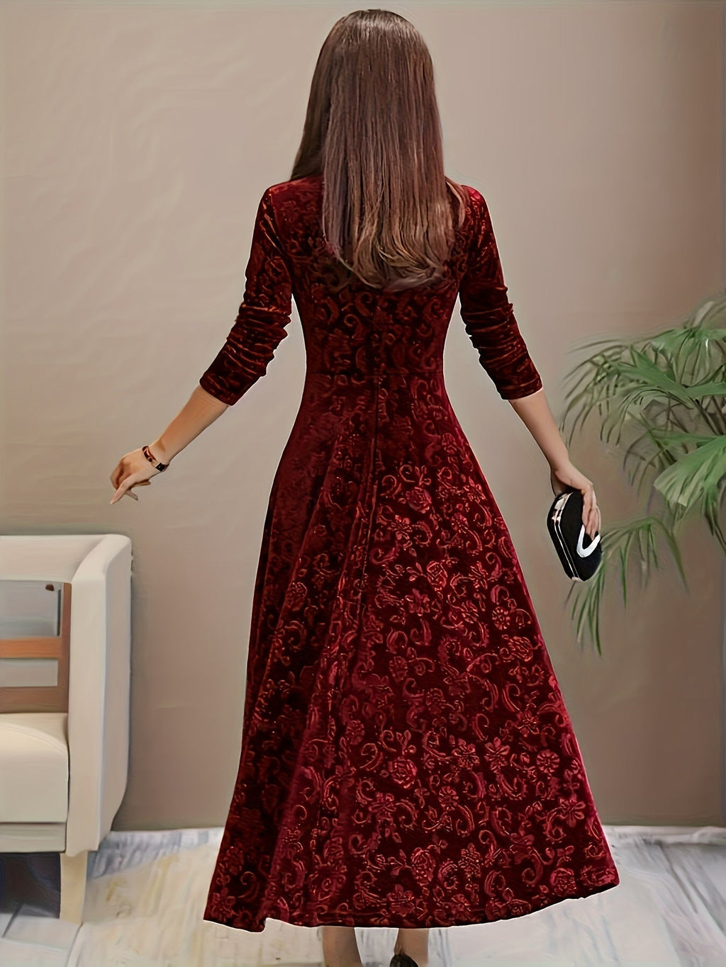 Velarise | Abito Midi Elegante da Donna con Maniche Lunghe e Stampa a Rilievo