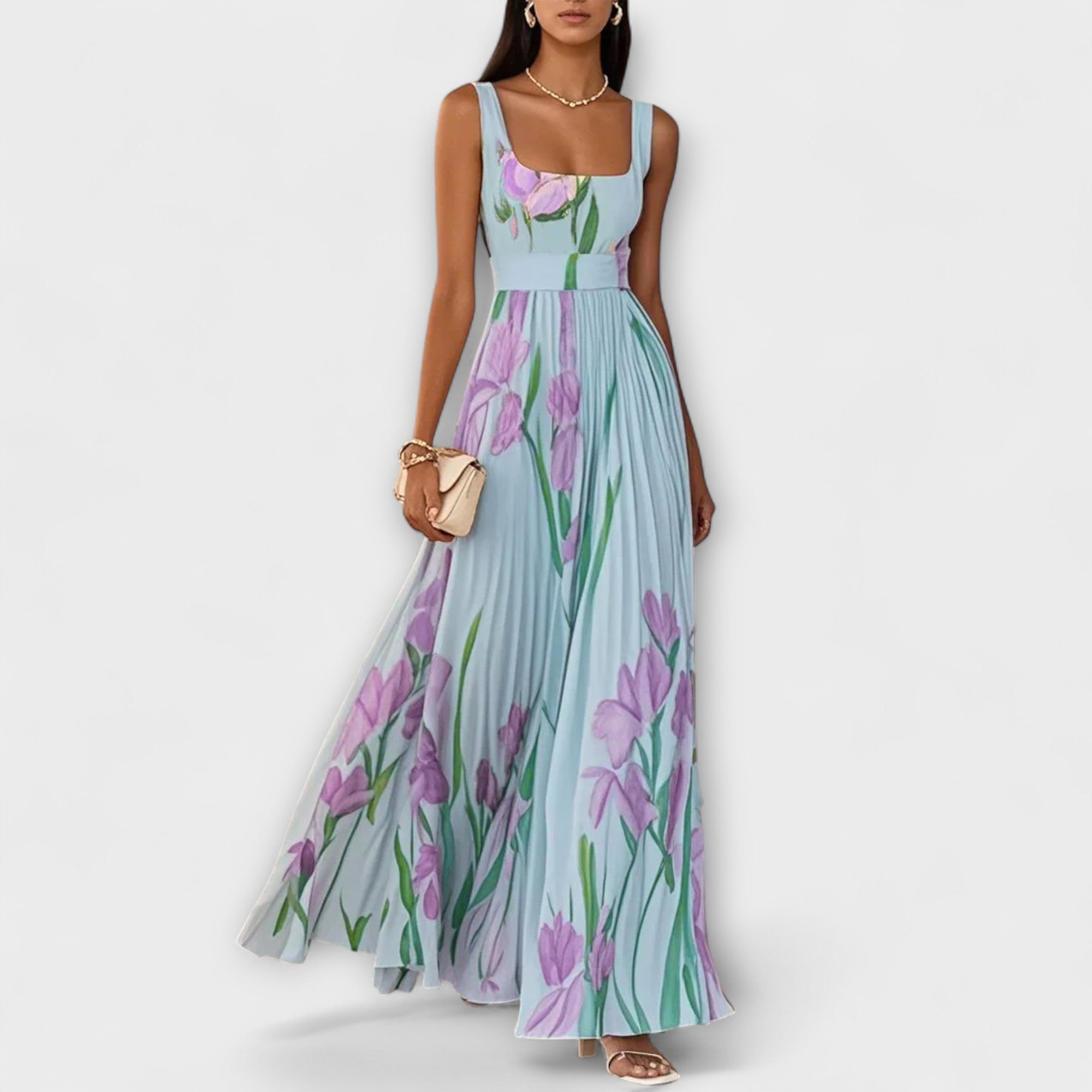 Lunaria | Abito Maxi Plissettato da Donna in Chiffon con Motivo Floreale