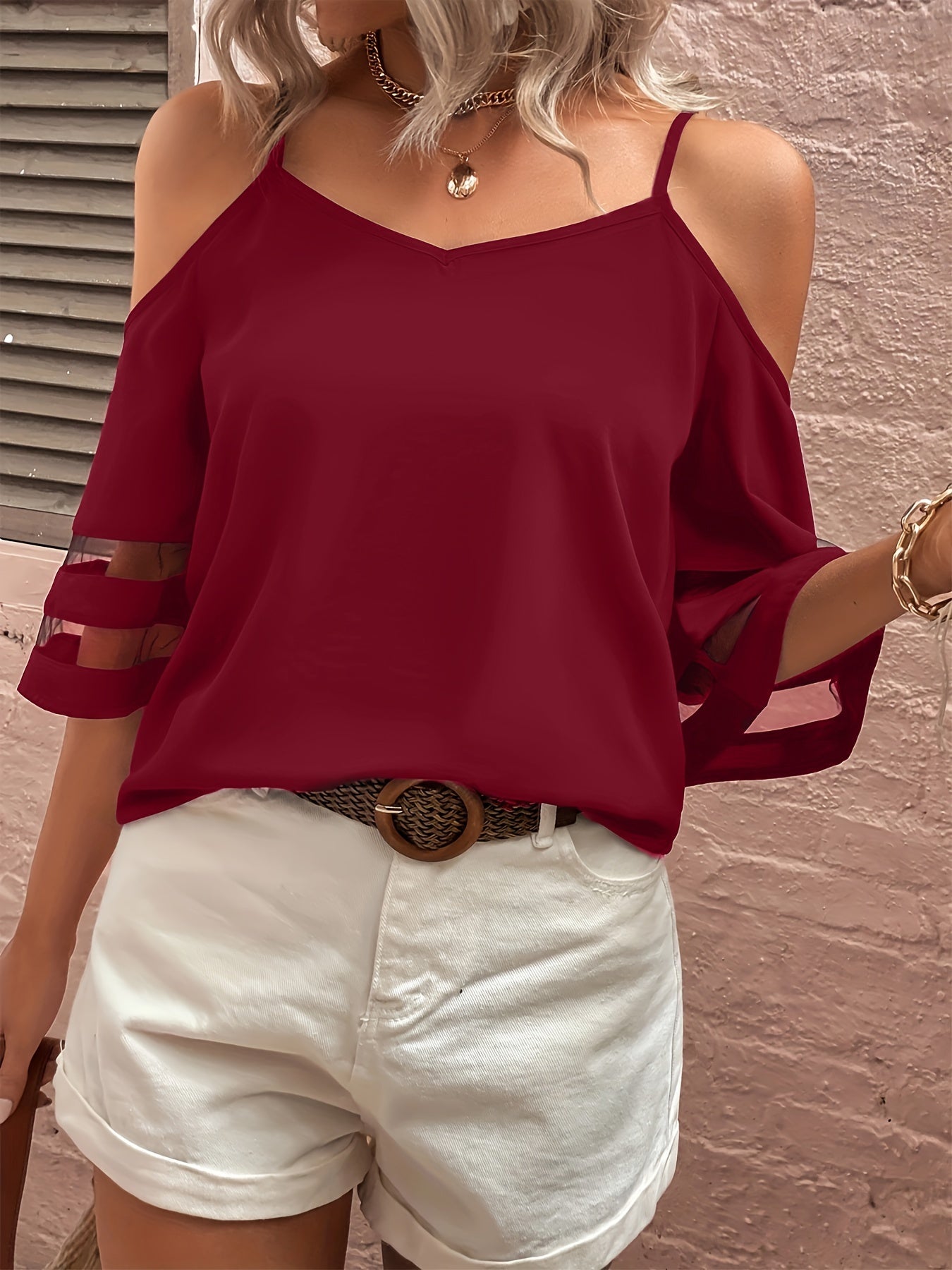 Azurelle | Women's Summer Cold-Shoulder Blouse with Transparent Sleeves
