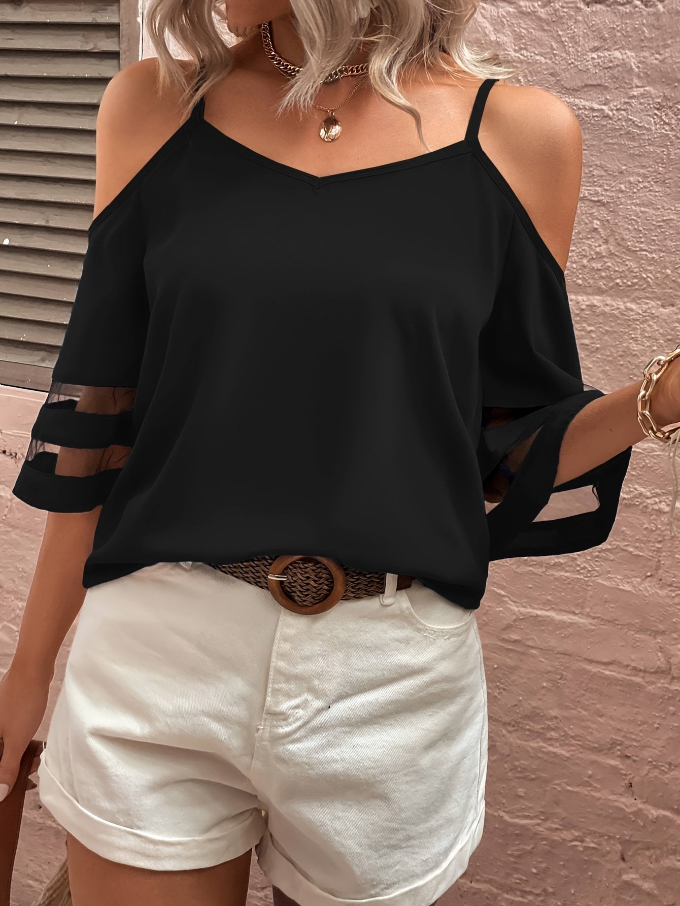 Azurelle | Women's Summer Cold-Shoulder Blouse with Transparent Sleeves