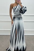 Bonnie | Elegancka Sukienka Maxi One Shoulder w Paski