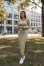 Beige ribbed dress lifestyle shot