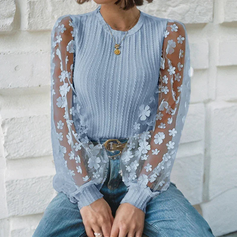 Florenza | Maglia Donna in Maglia con Mesh Floreale Manica Lunga