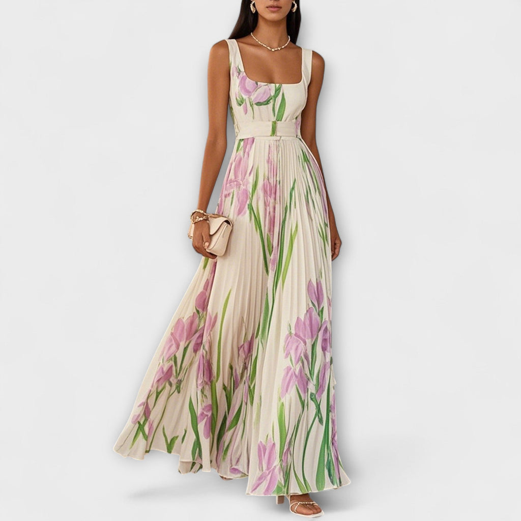 Lunaria | Abito Maxi Plissettato da Donna in Chiffon con Motivo Floreale