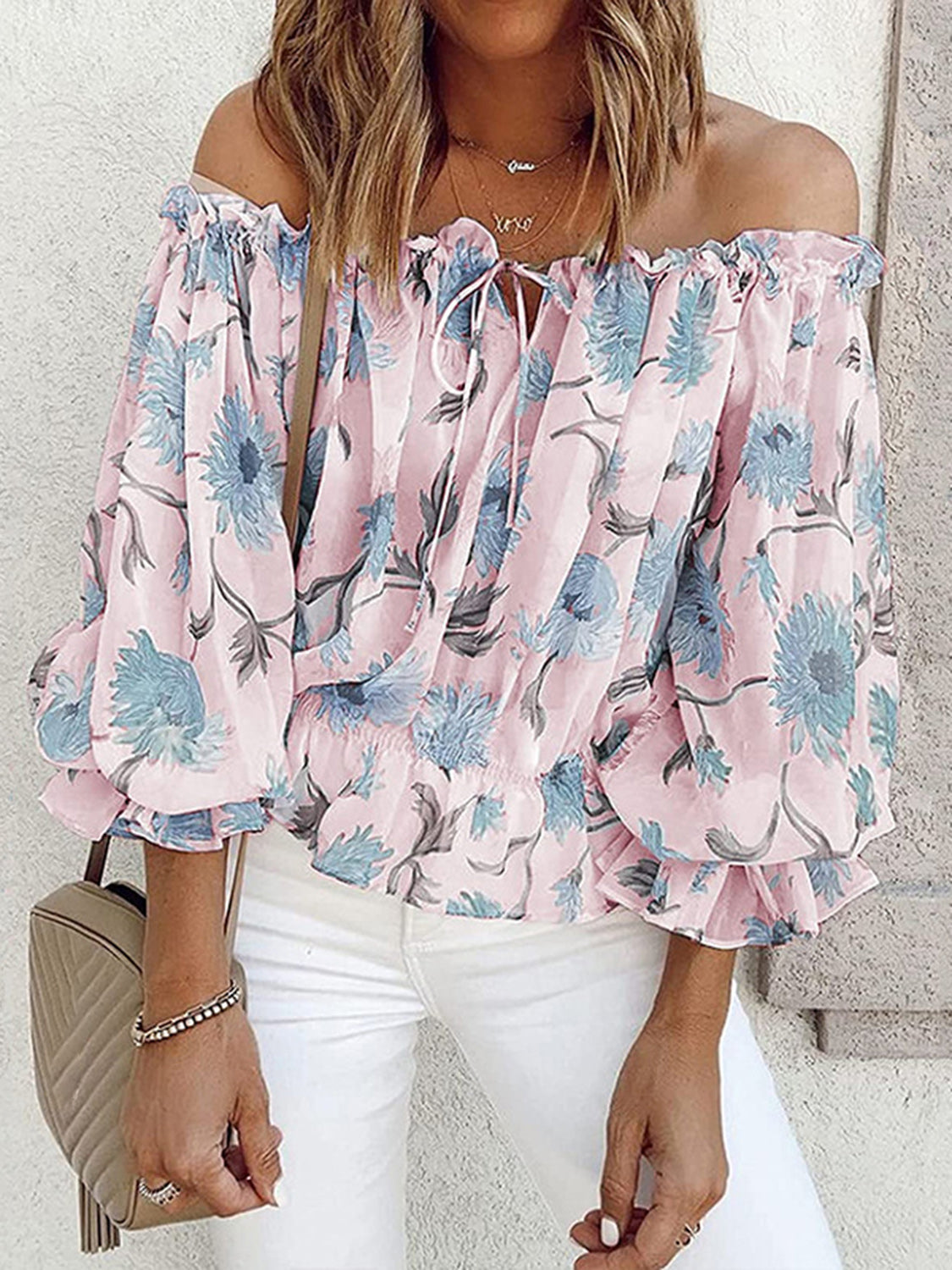 Floréa | Blusa estiva da donna con spalle scoperte, stampa floreale e maniche a sbuffo