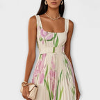 Lunaria | Abito Maxi Plissettato da Donna in Chiffon con Motivo Floreale
