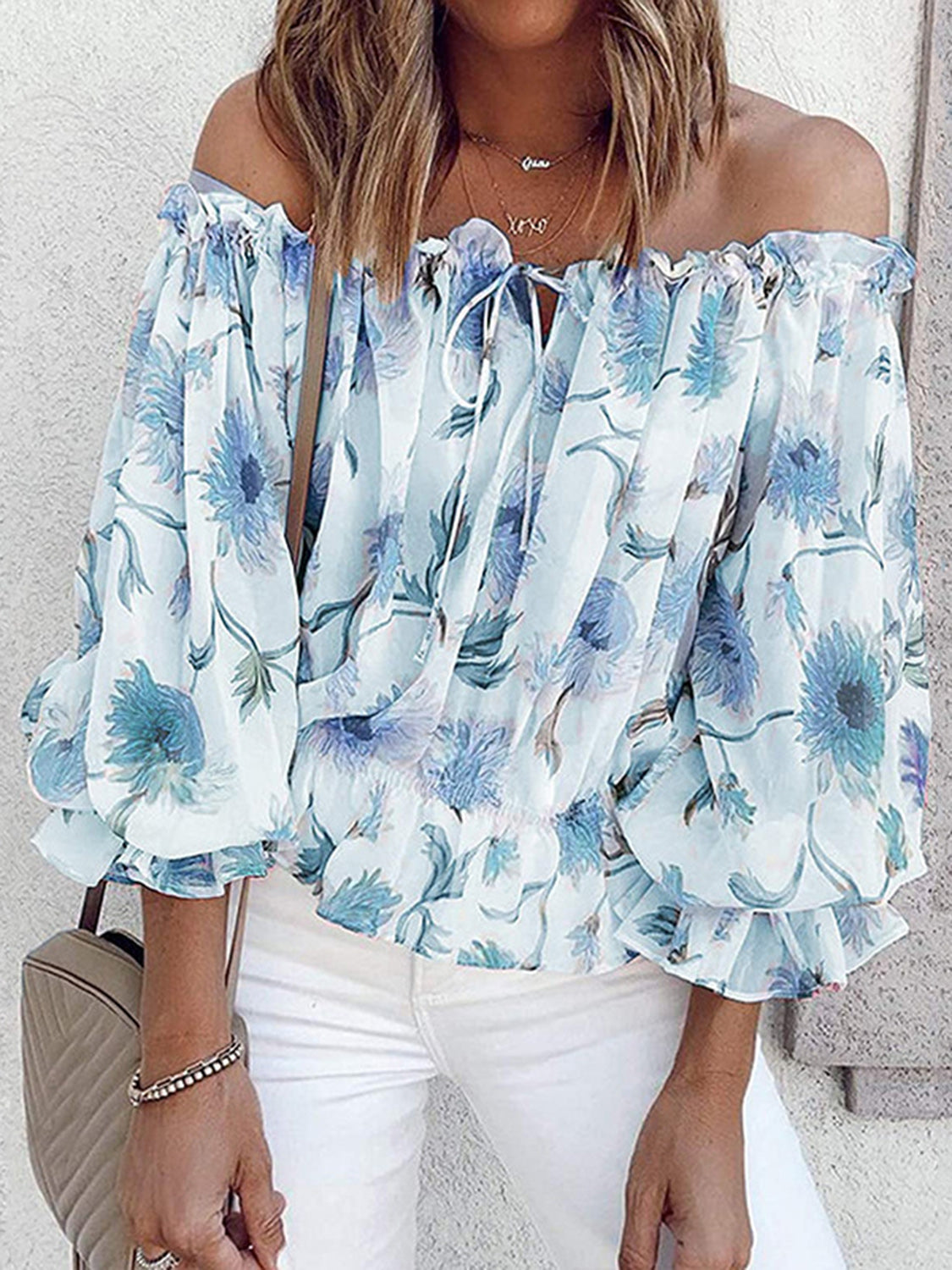 Floréa | Blusa estiva da donna con spalle scoperte, stampa floreale e maniche a sbuffo