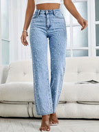 Elvaria | Jeans Donna Dritti a Vita Alta con Perline Decorative