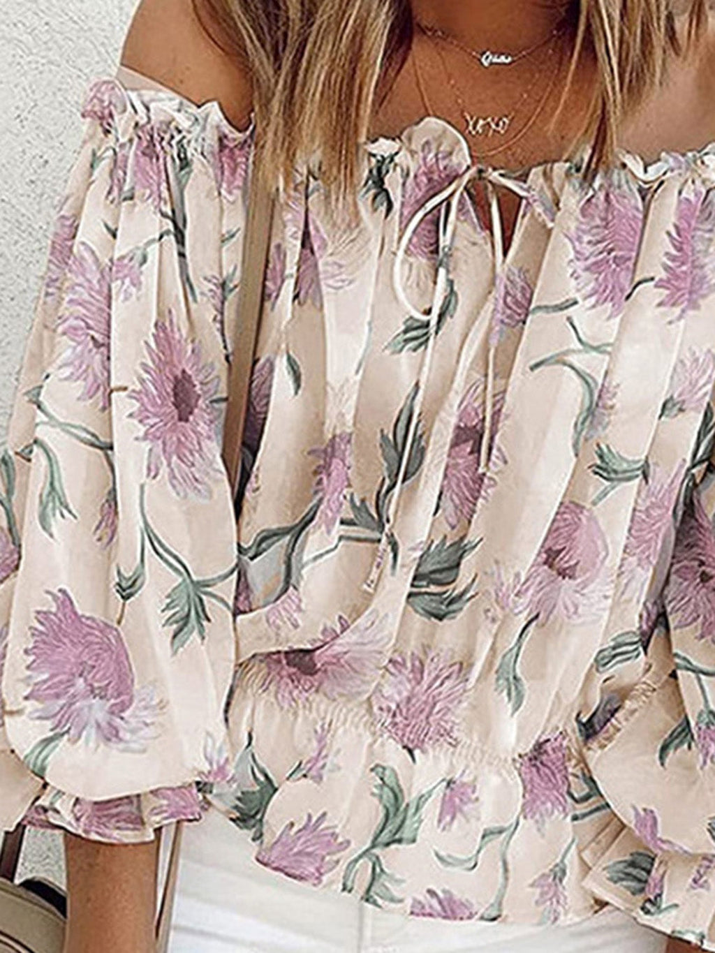Floréa | Blusa estiva da donna con spalle scoperte, stampa floreale e maniche a sbuffo