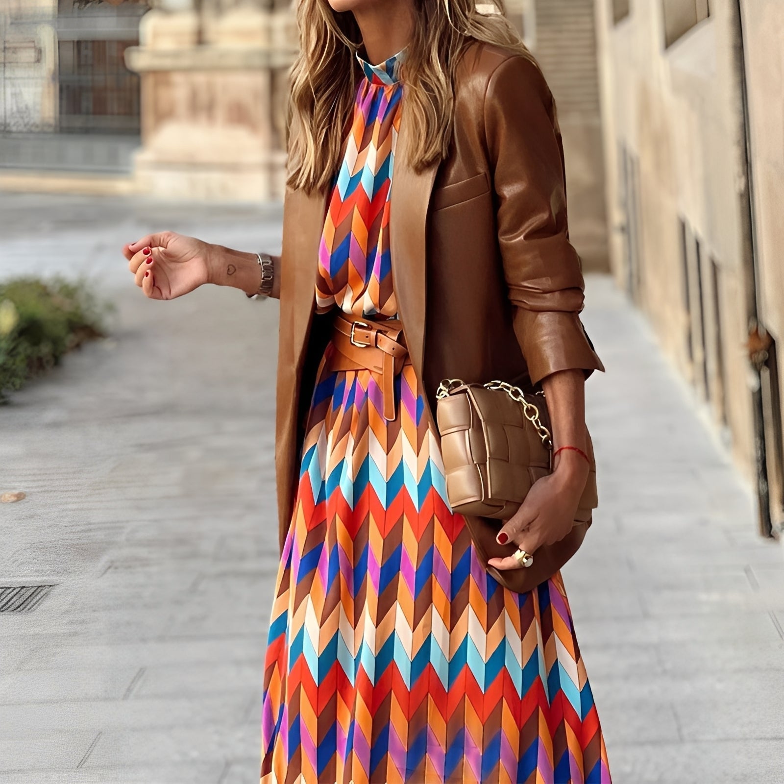 Marivelle | Abito Midi Colorato da Donna con Cintura in Vita