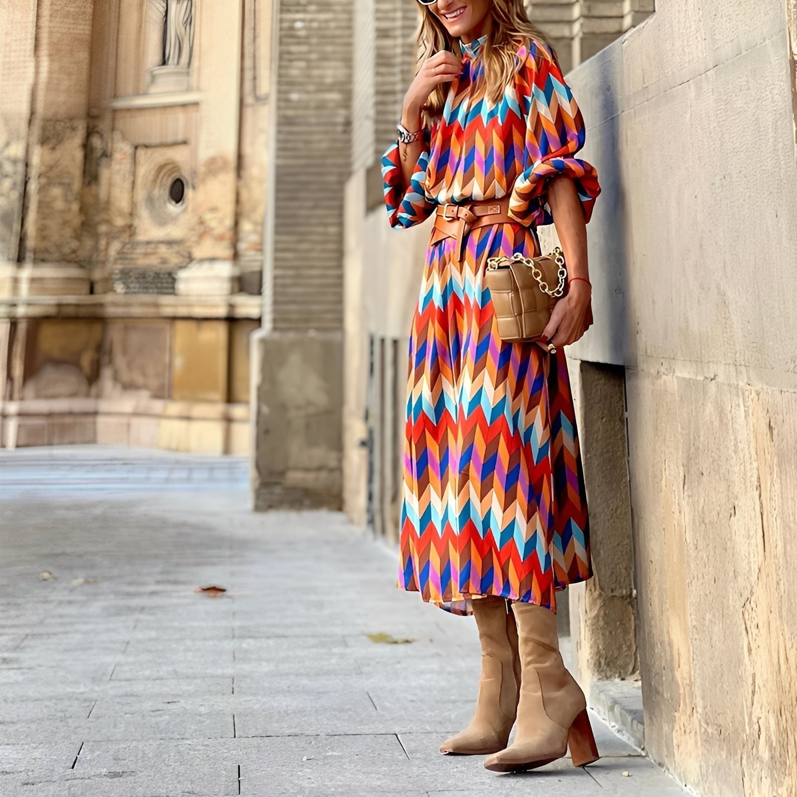 Marivelle | Abito Midi Colorato da Donna con Cintura in Vita