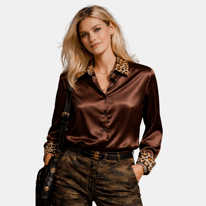 Surleni | Camicetta da donna in raso con colletto leopardato