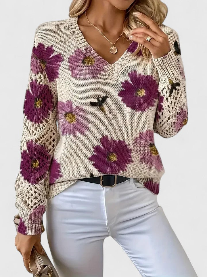 Sandrine | Maglione da donna con motivo floreale e scollo a V