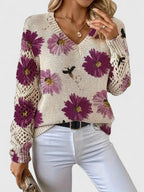 Sandrine | Maglione da donna con motivo floreale e scollo a V
