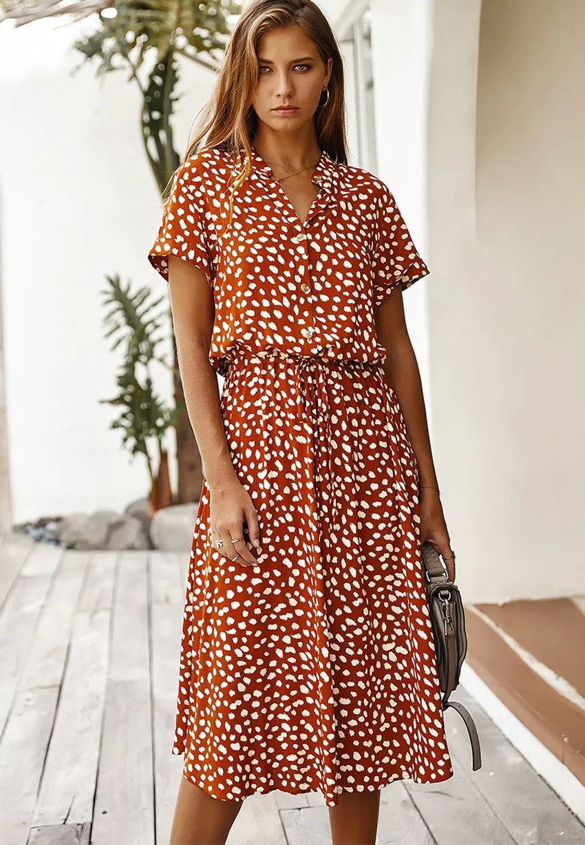Zeraya | Women's Summer Midi Dress with Print and Waist Tie