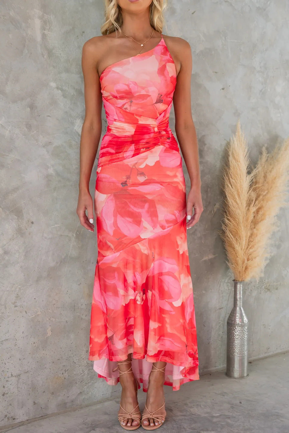 Averina | Women's Elegant Floral One-Shoulder Midi Dress