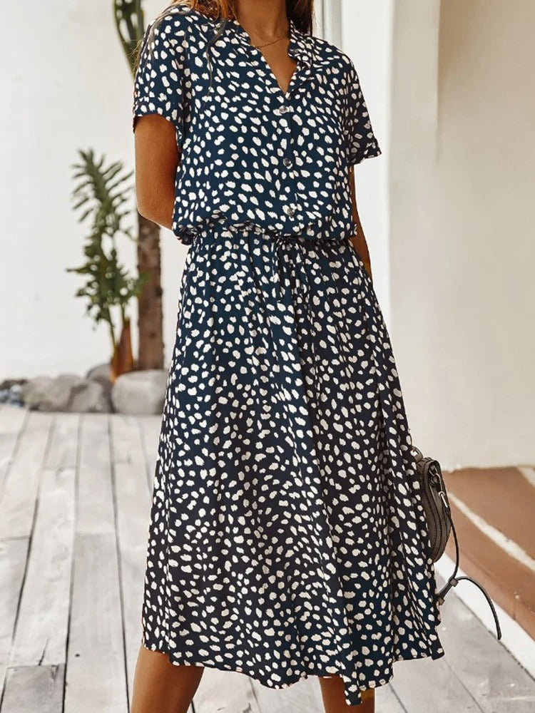 Zeraya | Women's Summer Midi Dress with Print and Waist Tie
