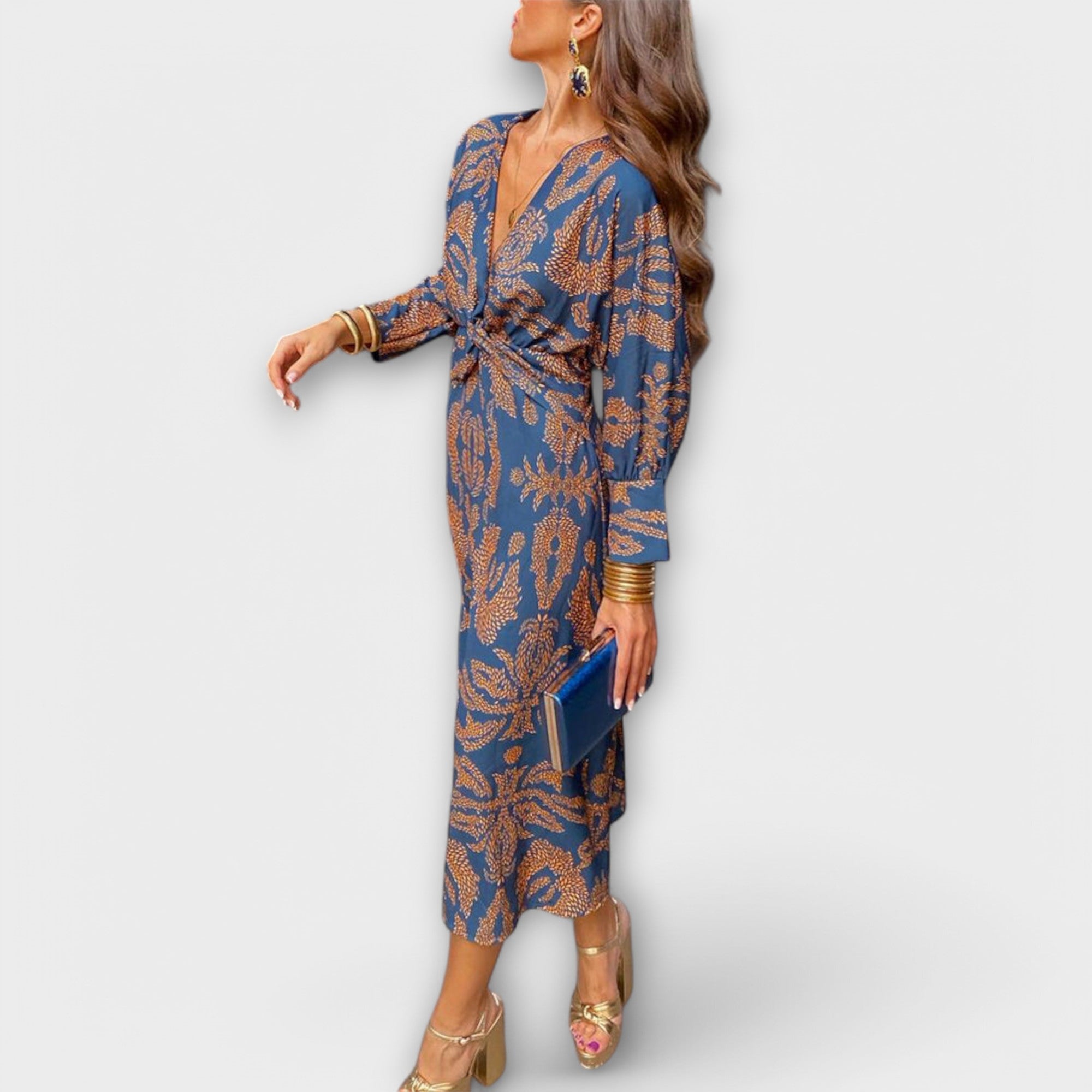 Elorina | Abito Midi Elegante da Donna con Maniche Lunghe e Fantasia