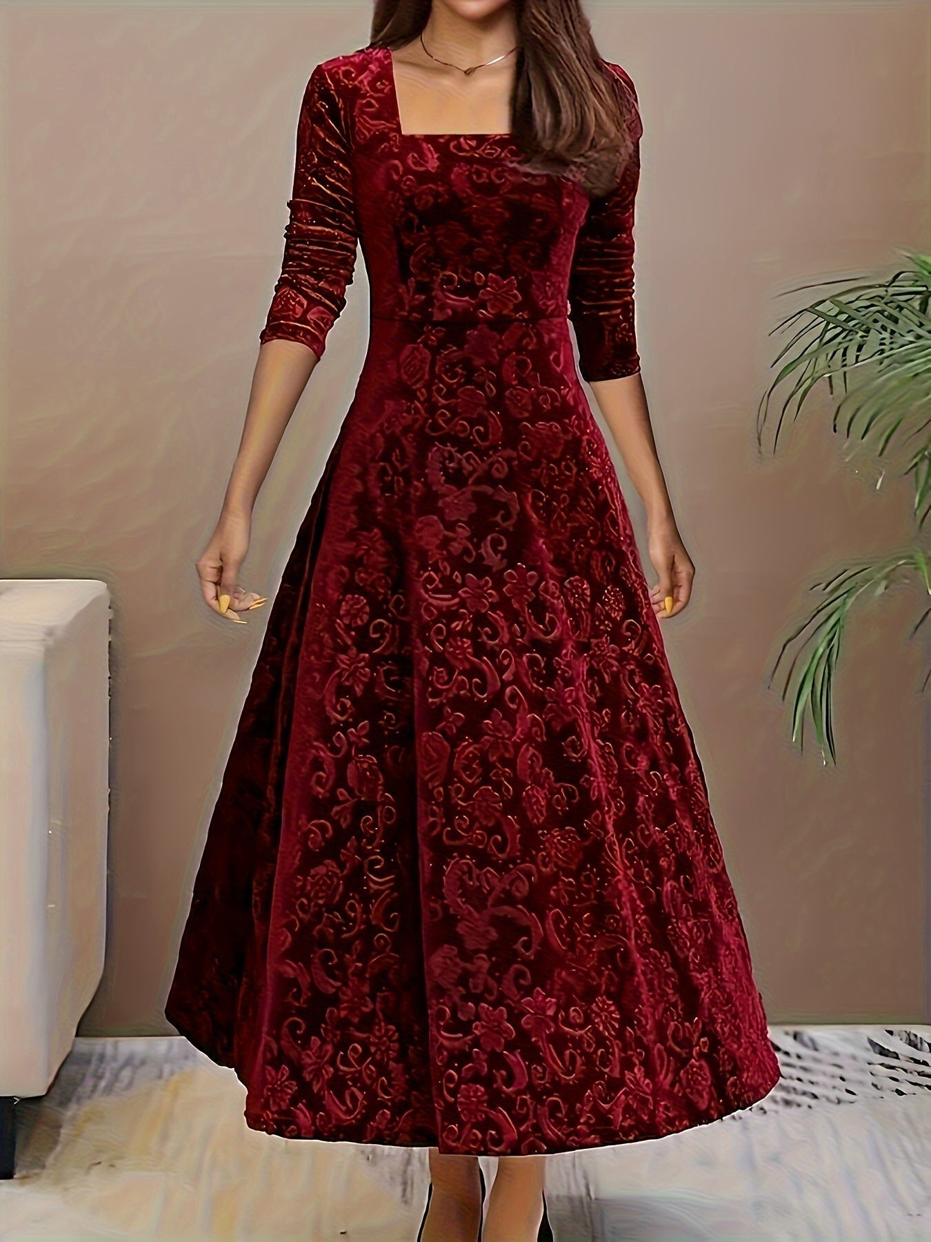 Velarise | Abito Midi Elegante da Donna con Maniche Lunghe e Stampa a Rilievo