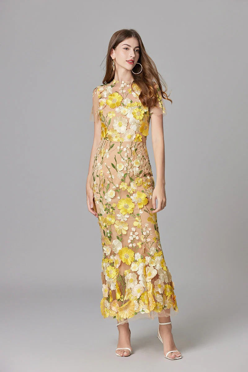 Florévia | Abito Maxi Elegante da Donna con Applicazioni 3D di Fiori