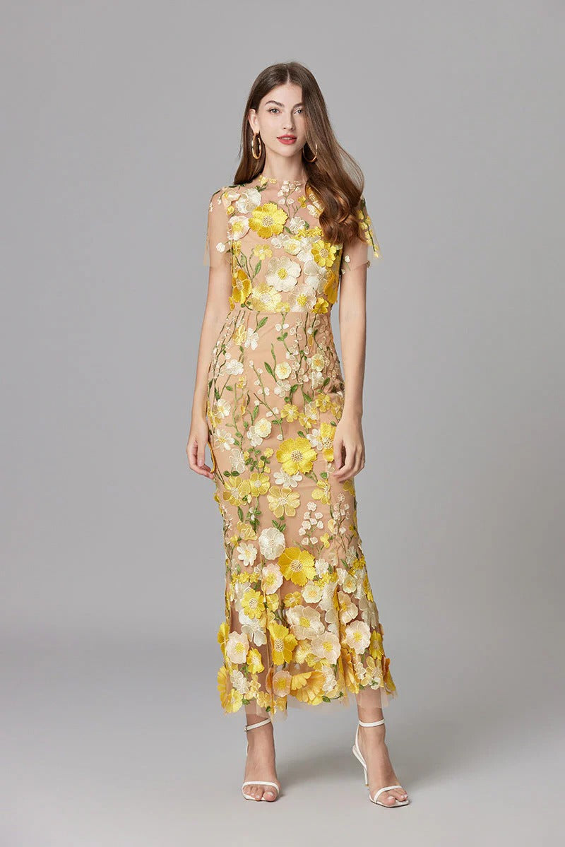 Florévia | Abito Maxi Elegante da Donna con Applicazioni 3D di Fiori