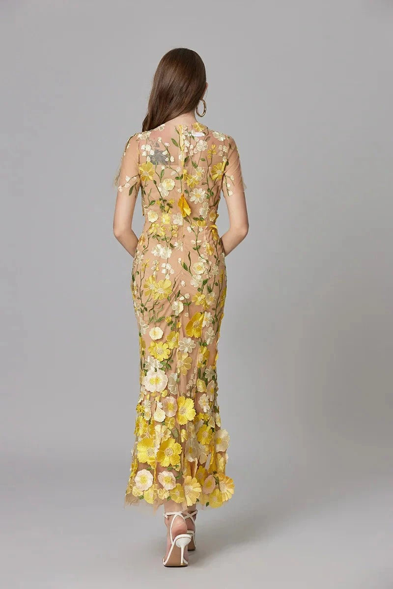 Florévia | Abito Maxi Elegante da Donna con Applicazioni 3D di Fiori