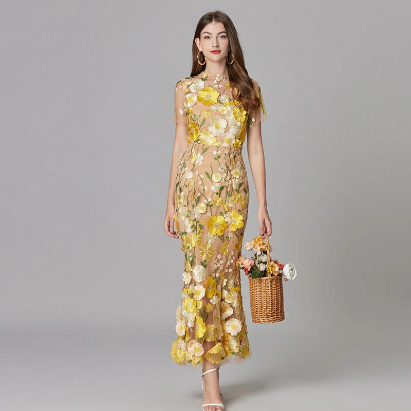 Florévia | Abito Maxi Elegante da Donna con Applicazioni 3D di Fiori