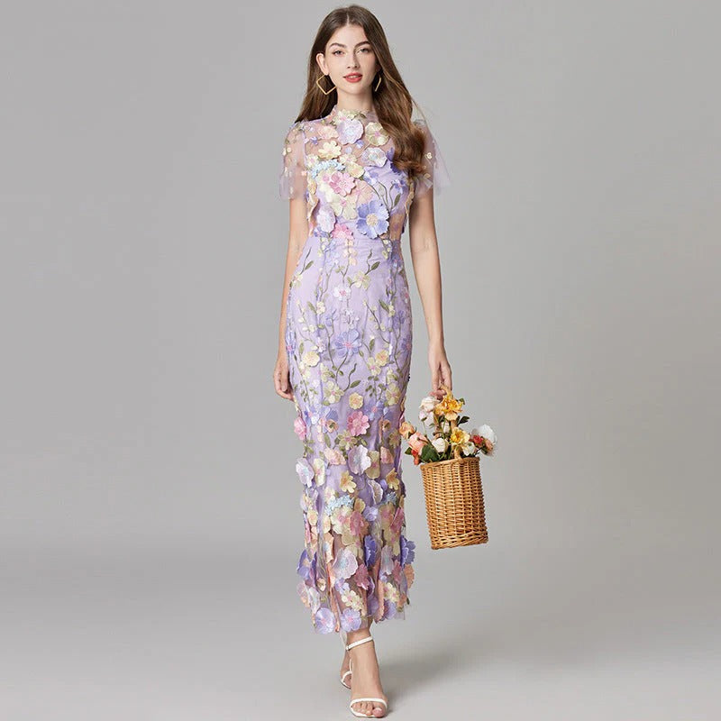 Florévia | Abito Maxi Elegante da Donna con Applicazioni 3D di Fiori