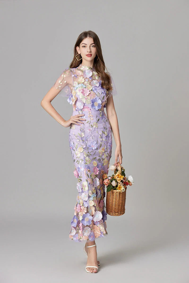 Florévia | Abito Maxi Elegante da Donna con Applicazioni 3D di Fiori
