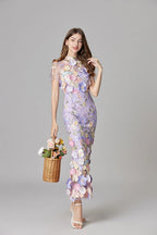 Florévia | Abito Maxi Elegante da Donna con Applicazioni 3D di Fiori