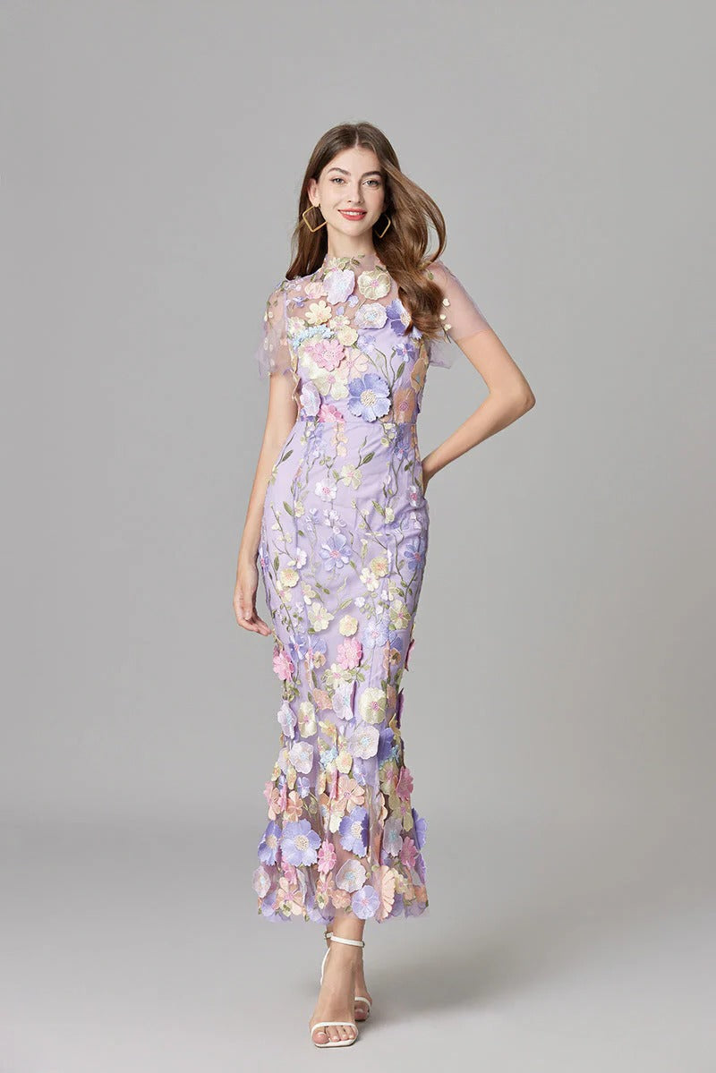 Florévia | Abito Maxi Elegante da Donna con Applicazioni 3D di Fiori