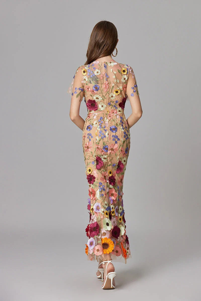 Florévia | Abito Maxi Elegante da Donna con Applicazioni 3D di Fiori