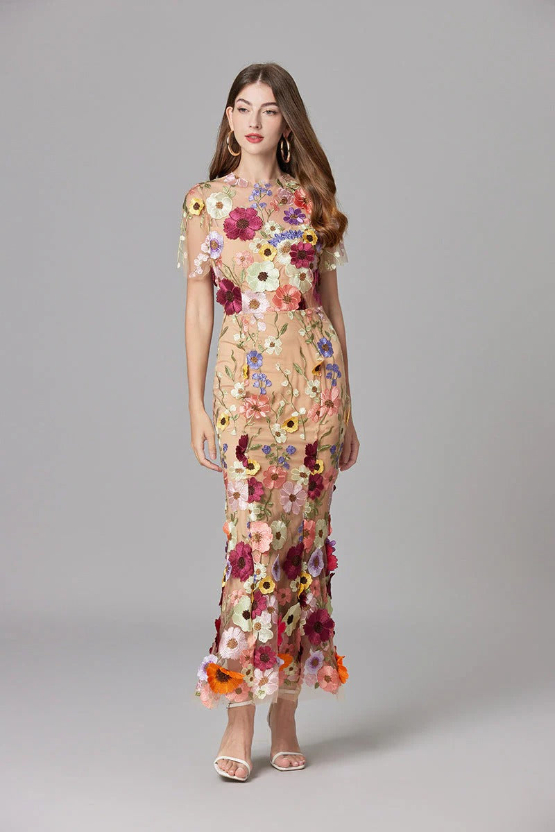 Florévia | Abito Maxi Elegante da Donna con Applicazioni 3D di Fiori
