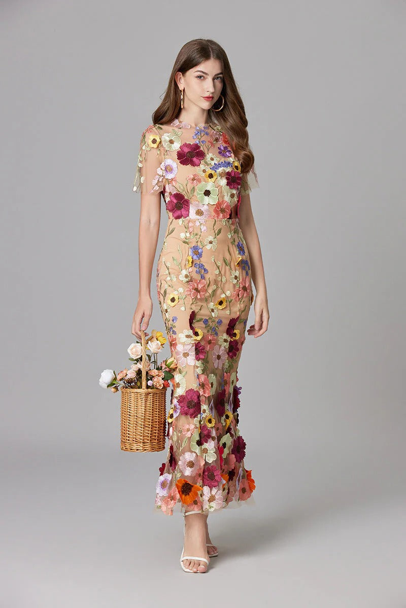 Florévia | Abito Maxi Elegante da Donna con Applicazioni 3D di Fiori