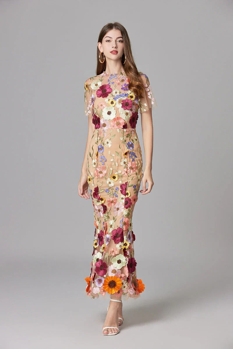 Florévia | Abito Maxi Elegante da Donna con Applicazioni 3D di Fiori