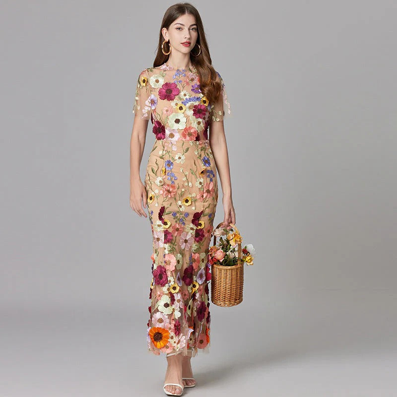 Florévia | Abito Maxi Elegante da Donna con Applicazioni 3D di Fiori