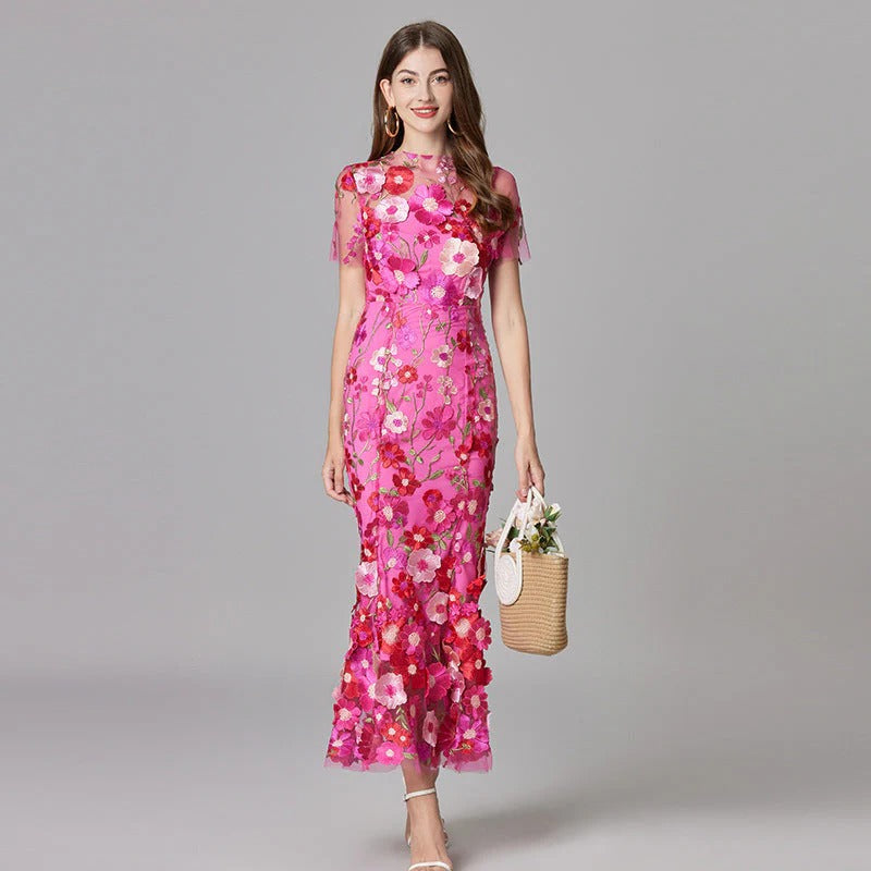 Florévia | Abito Maxi Elegante da Donna con Applicazioni 3D di Fiori