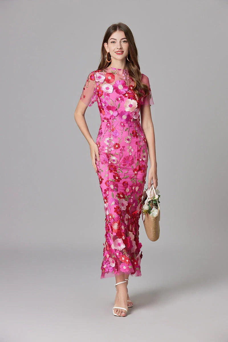 Florévia | Abito Maxi Elegante da Donna con Applicazioni 3D di Fiori