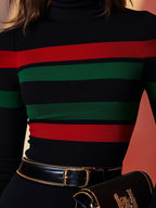 Mexi | Blusa aderente da donna a righe con collo alto casual