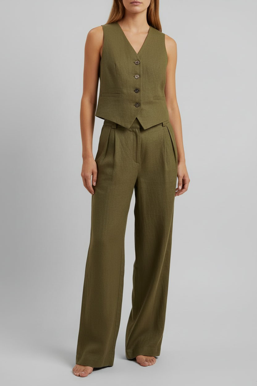 Olijfgroene gilet set studiofoto