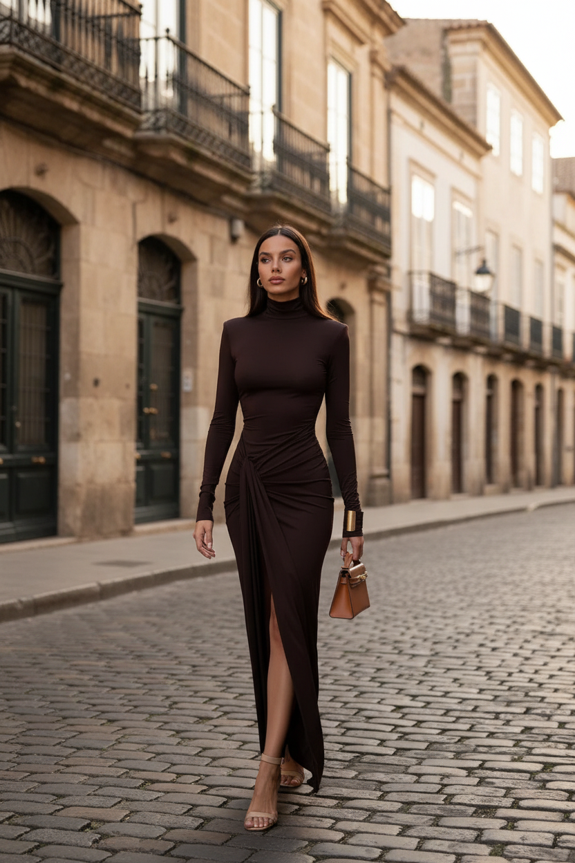 Outdoor lifestyle foto bruine maxi jurk