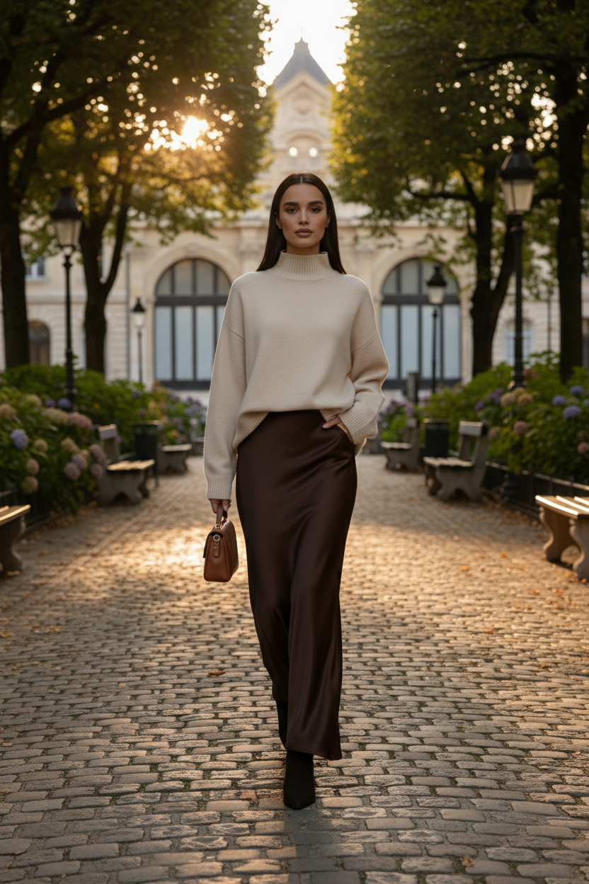 Outdoor lifestyle foto bruine maxi rok
